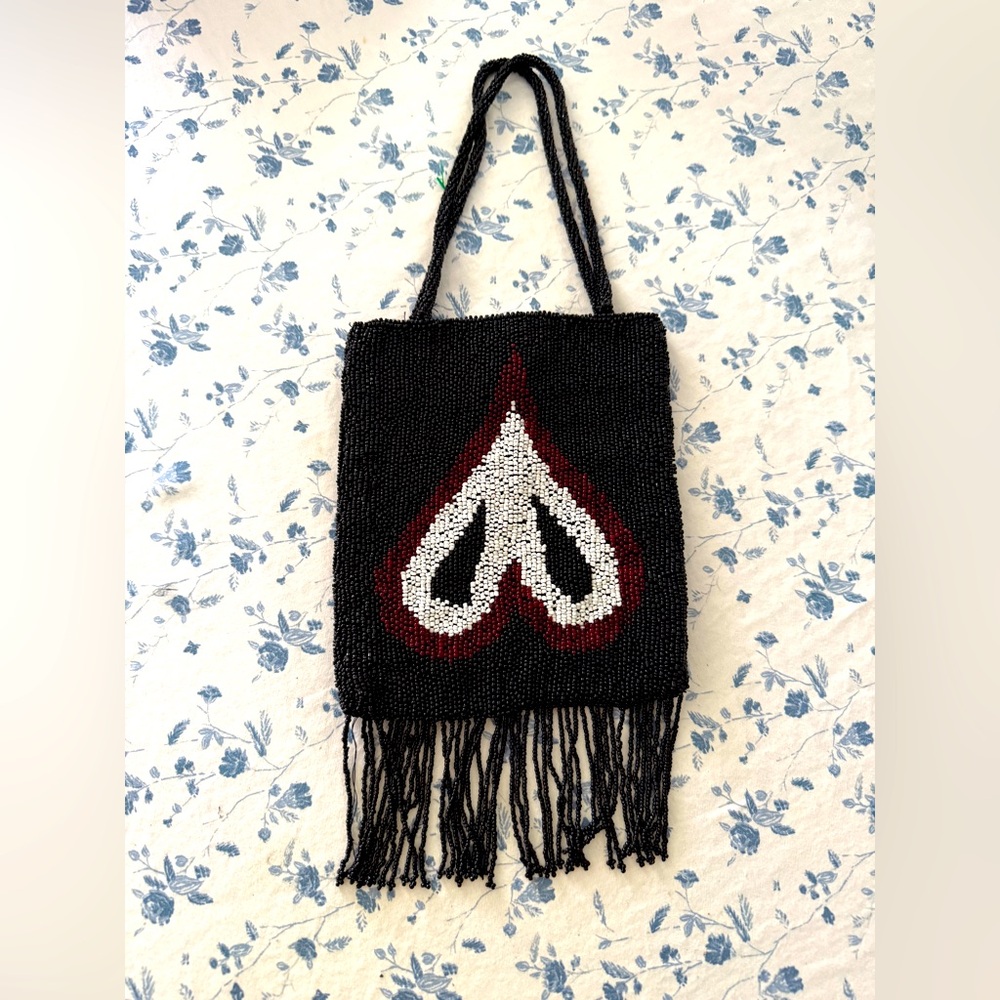Black, red and White Beaded Fringe Bag